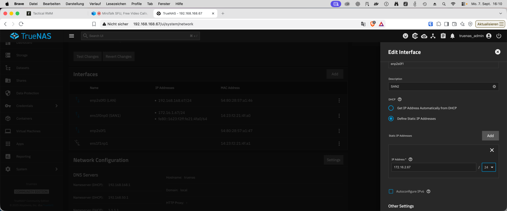 TrueNAS-Netzwerkkonfiguration: SAN2 mit statischer IP-Adresse 172.16.2.67/24