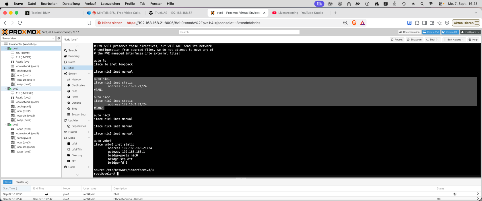 Proxmox pve1: Netzwerkkonfiguration mit nic1 für SAN1 und nic2 für SAN2