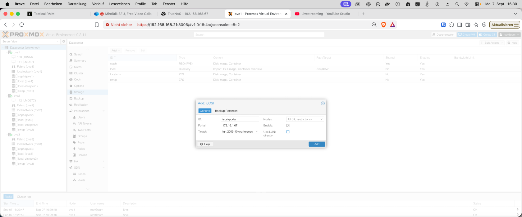 Proxmox: iSCSI-Speicher iscsi-portal über das TrueNAS-Portal 172.16.1.67 hinzufügen
