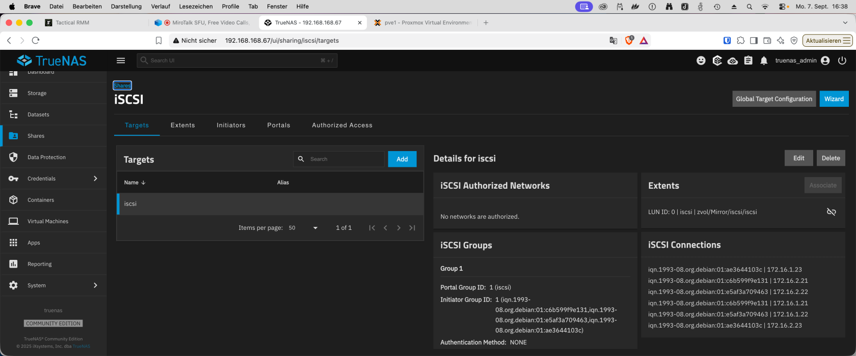 TrueNAS-Target iscsi mit LUN 0 und sechs Verbindungen aus beiden SAN-Netzen