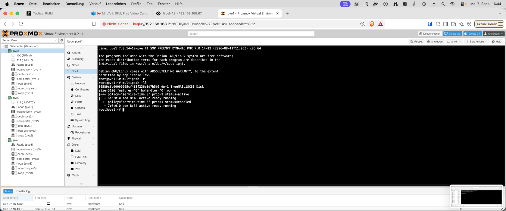 Proxmox pve1: multipath -ll zeigt die TrueNAS-LUN mit 512 GiB und zwei verfügbaren Pfaden
