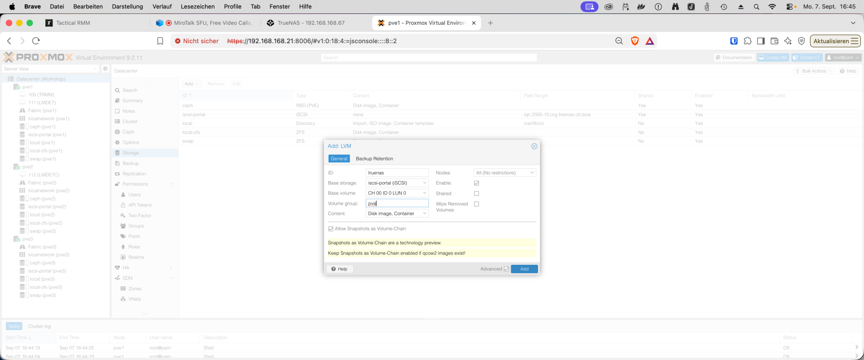 Proxmox-LVM-Assistent: Speicher truenas auf iscsi-portal mit Volume Group pve anlegen