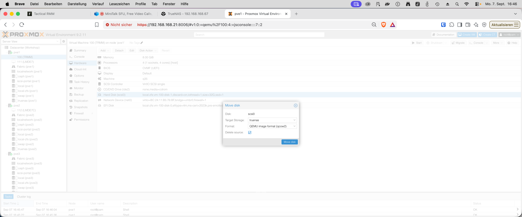 Proxmox VM 100: scsi0 im QCOW2-Format auf den Speicher truenas verschieben