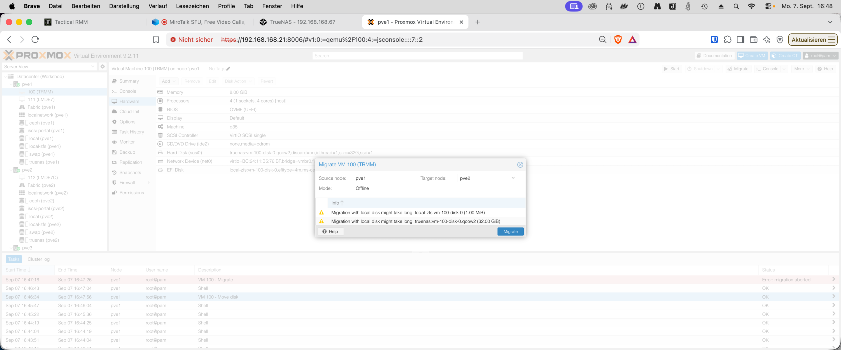 Proxmox-Migration von VM 100 nach pve2 mit Warnungen zur lokalen EFI-Disk und zum Speicher truenas