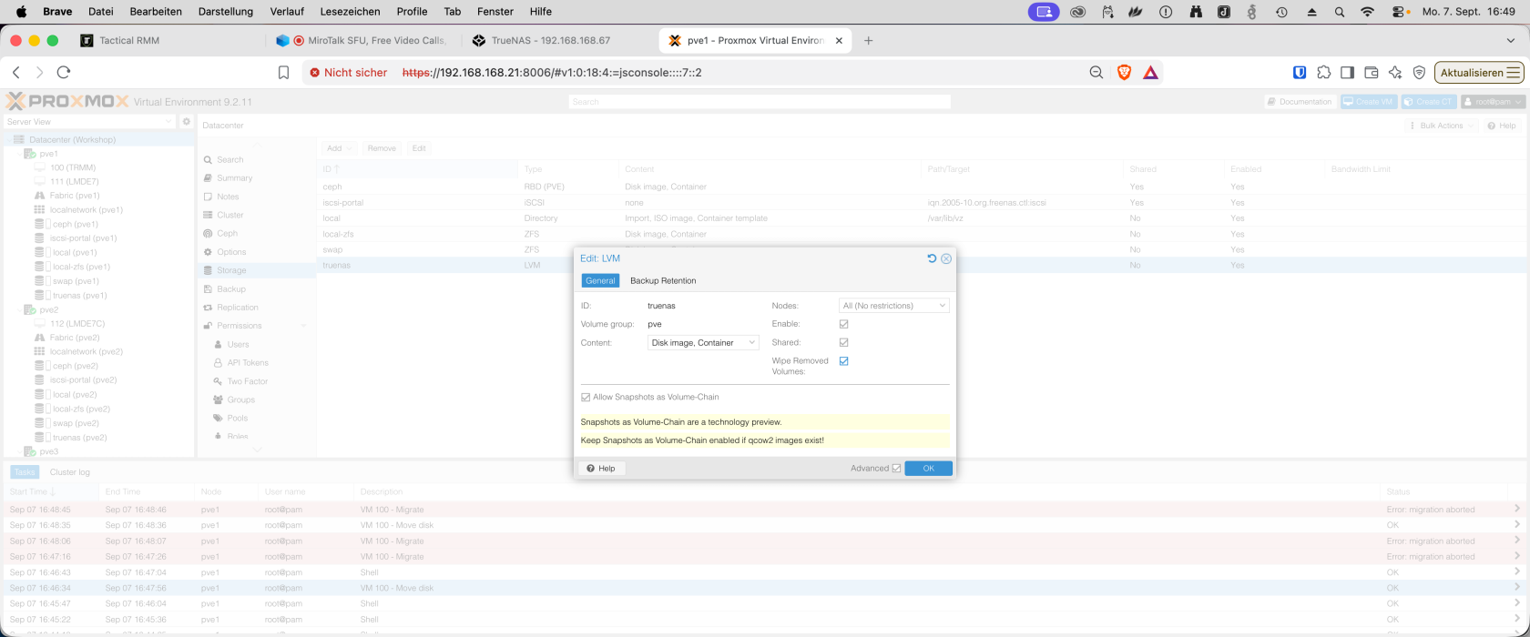 Proxmox-LVM-Speicher truenas: Shared und Snapshots as Volume-Chain sind ausgewählt